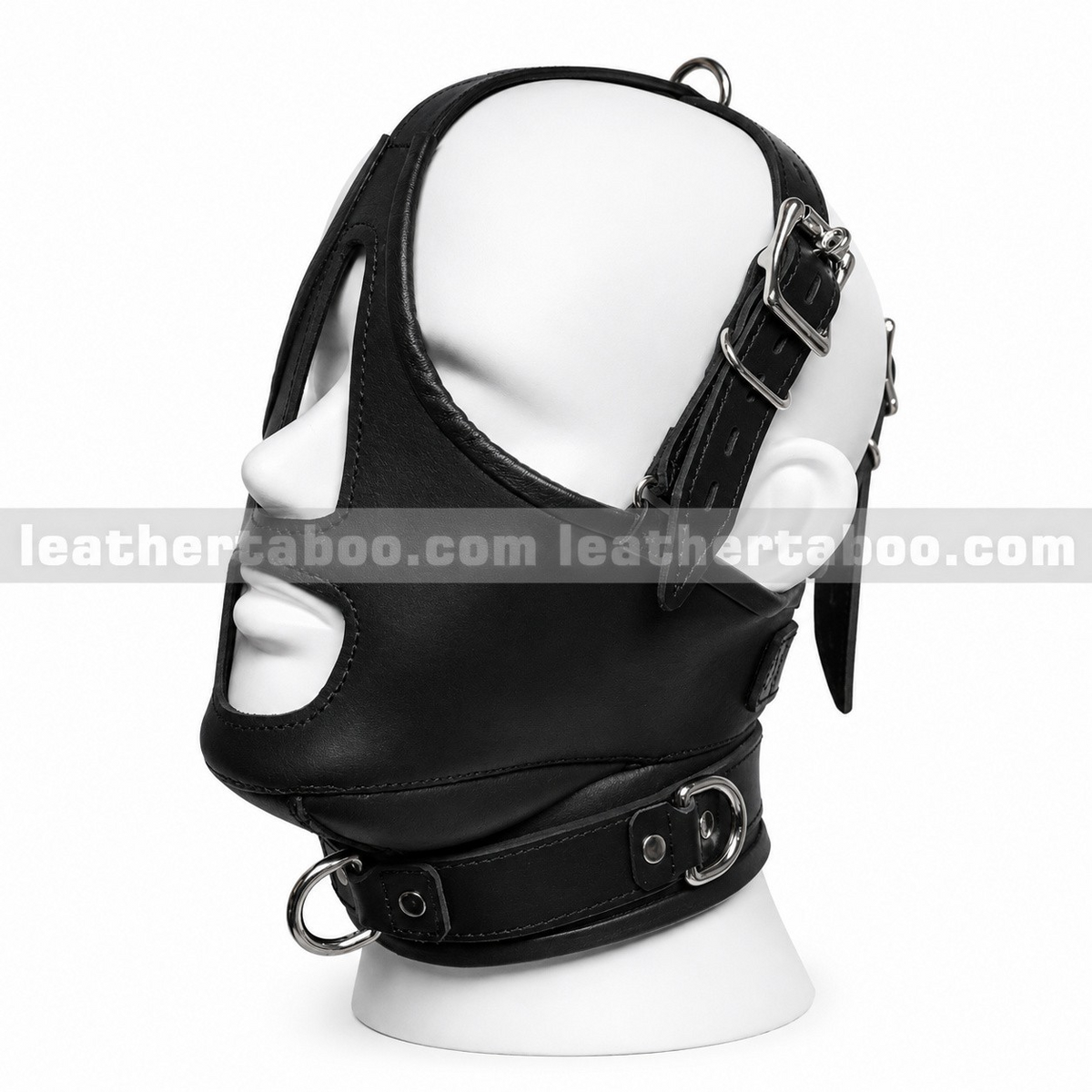 Side view of black leather face harness mask with eye cover lifted, open mouth, adjustable buckle straps and D-ring collar on a white mannequin.