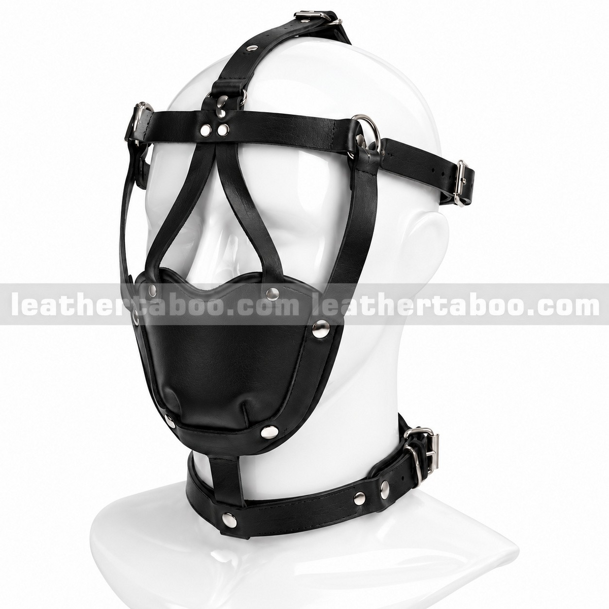 Front view of black leather head harness with contoured mouth cover, open eye area, crown strap, silver-tone hardware and connected neck collar.
