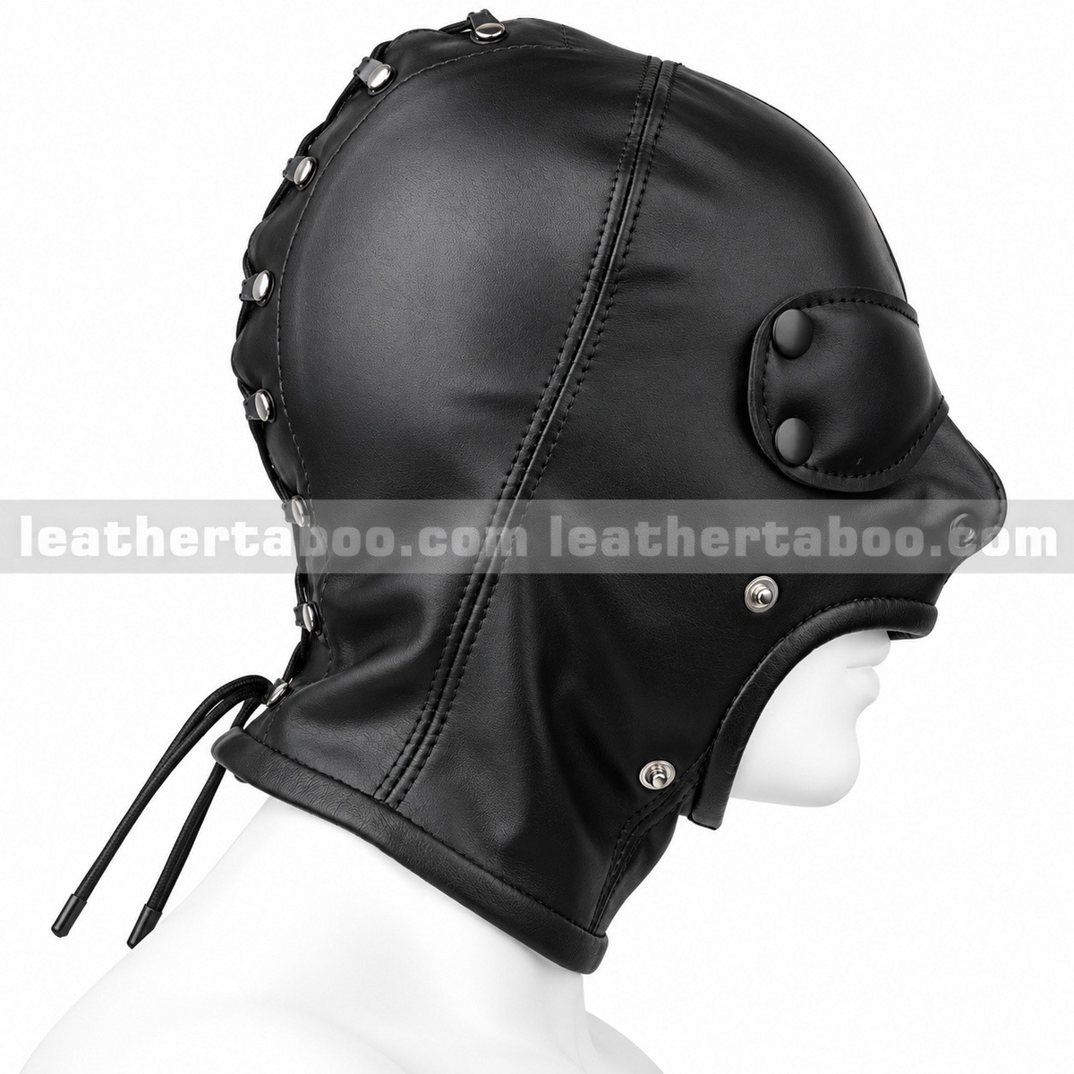 Side view of black genuine leather hood mask showing rear lacing, stitched panels, metal loops and snap-fastened eye cover on a mannequin.