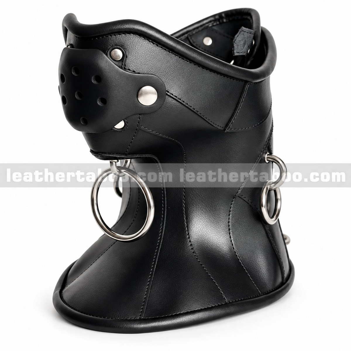 Front side view of black leather neck corset with perforated mouth cover, silver-tone fasteners, hanging front ring and flared lower silhouette.