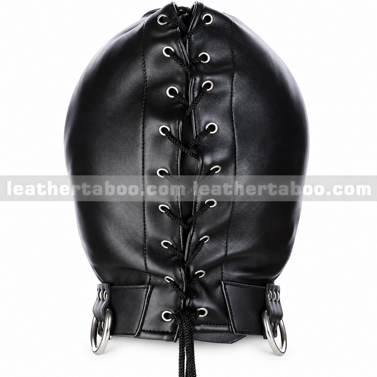 Rear view of black leather hood showing black cord lacing through silver-tone eyelets, stitched head panels and large rings at the neck collar.