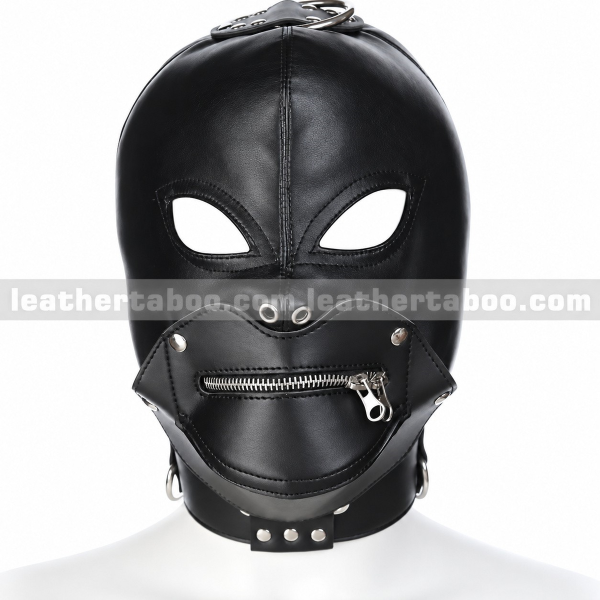 Front view of black leather open-eye hood with nose eyelets, zipper mouth panel, crown ring and riveted ring collar against a white background.