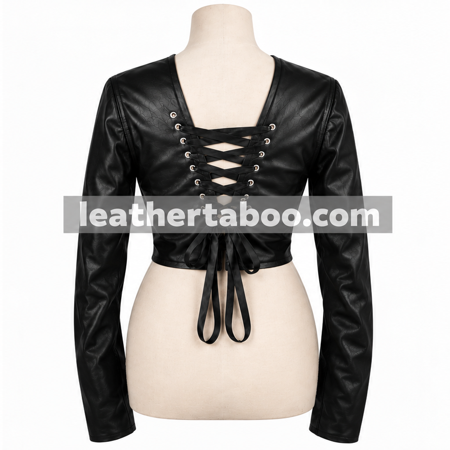 Back view of black genuine leather cropped bolero with lace-up corset-style closure, long sleeves and adjustable leather ties