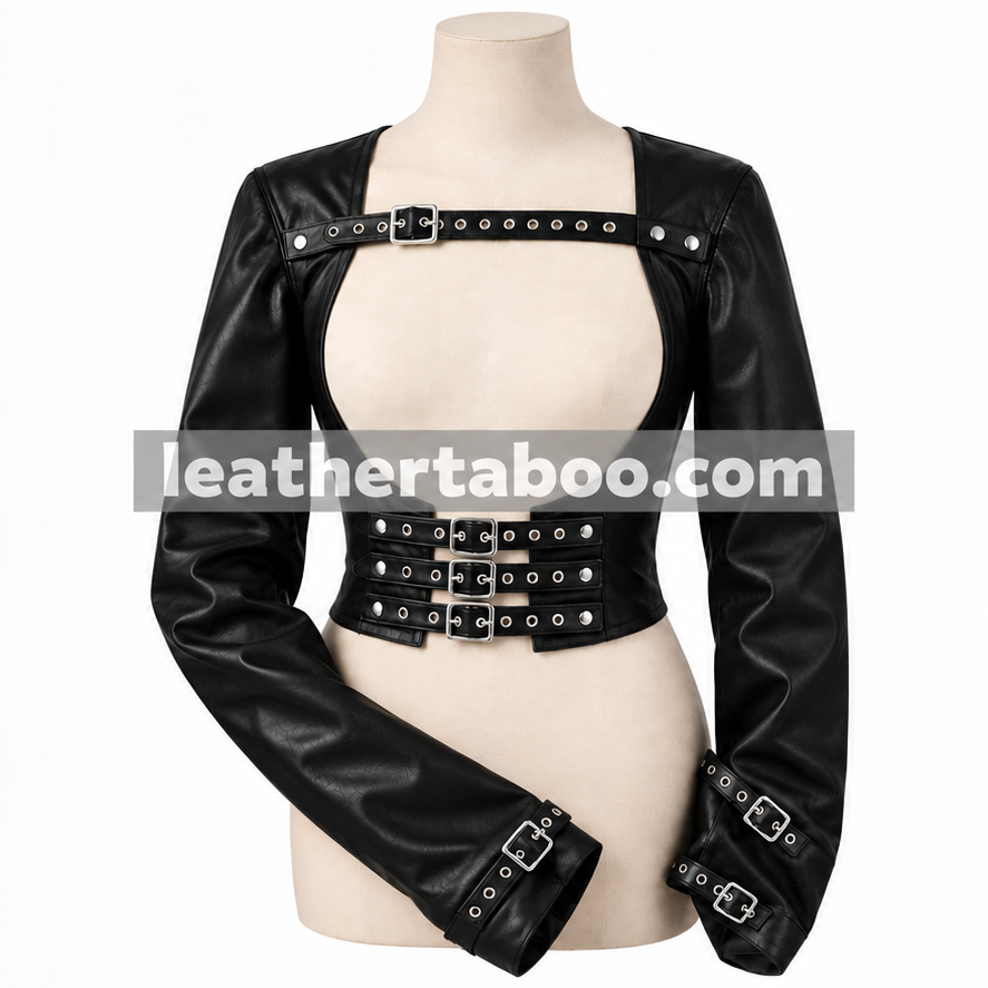 Front view of black genuine leather bolero with open chest, three buckle waist belts and extra-long sleeves with cuff straps
