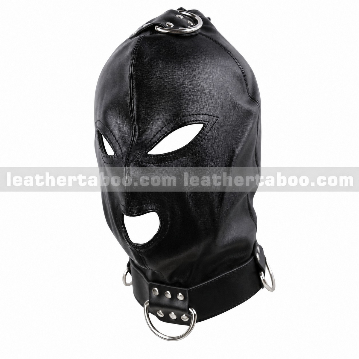 Angled view of black genuine leather hood mask with shaped eye openings, open mouth, crown hardware and a wide D-ring collar on a white background.