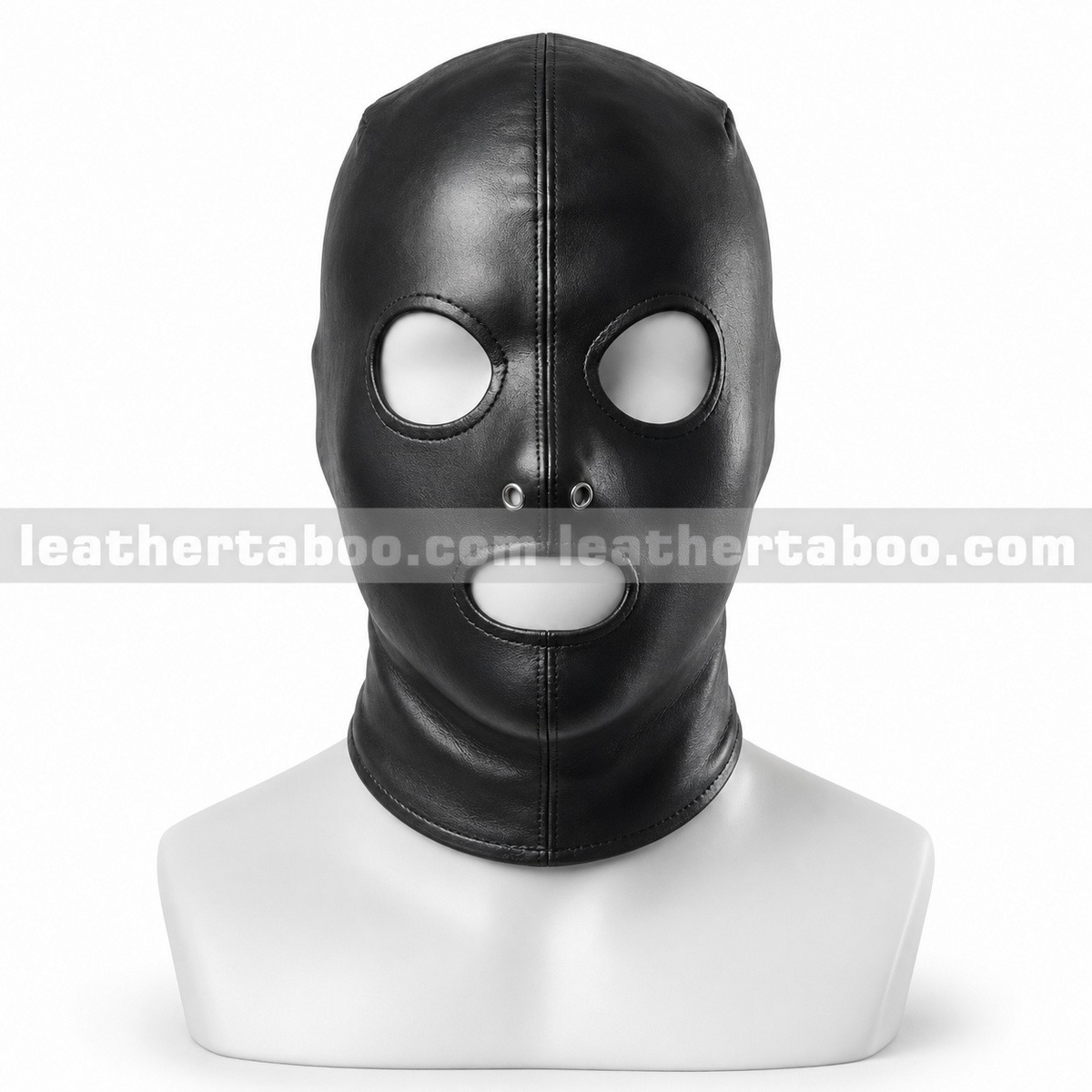 Front view of black leather hood mask with round eye openings, oval mouth cutout, two nose eyelets and central stitching on a white mannequin.