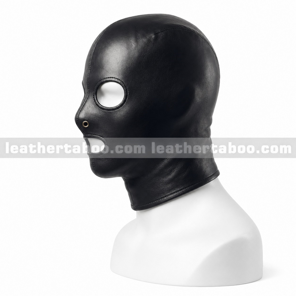 Side view of black leather hood mask showing round eye opening, oval mouth cutout, nose eyelet and shaped neck section on a white mannequin.
