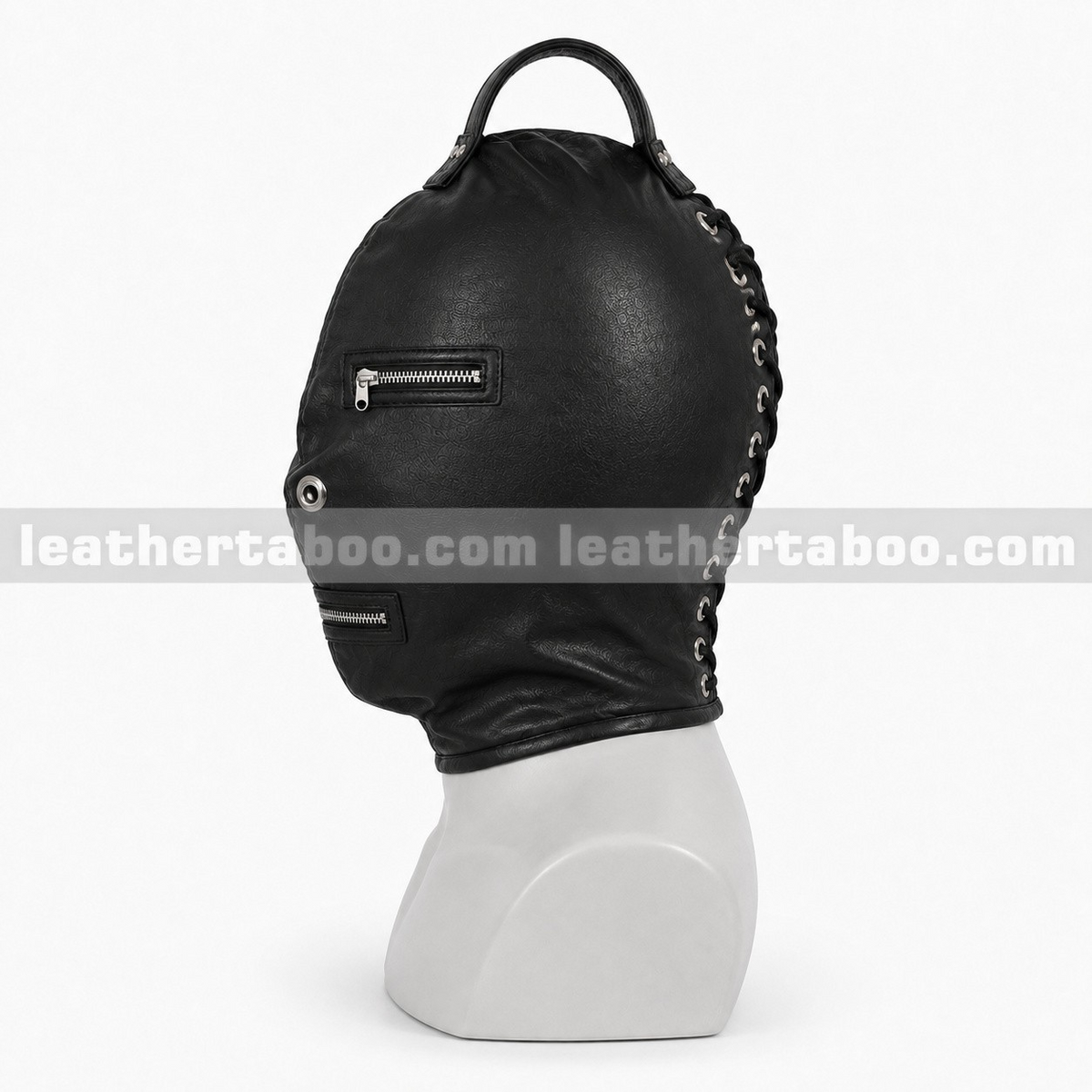 Side view of black leather hood mask showing eye and mouth zippers, a nose eyelet, rear lacing and crown loop displayed on a white mannequin.