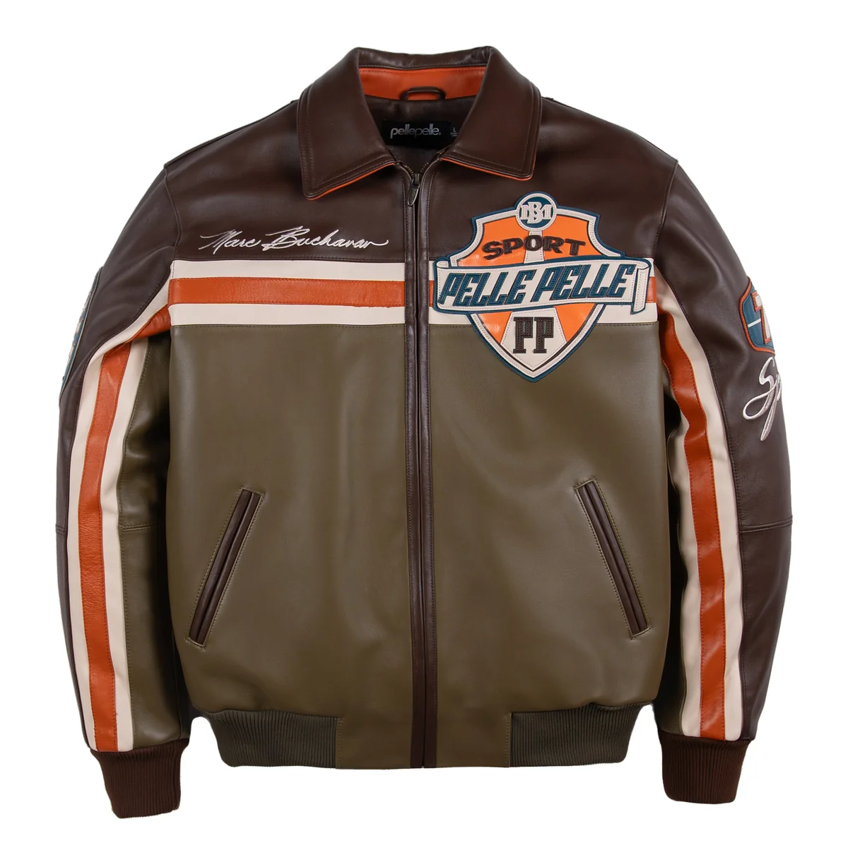 Front view of a brown and olive leather racing sport jacket with orange and cream stripes, chest patches, zip front and ribbed cuffs.