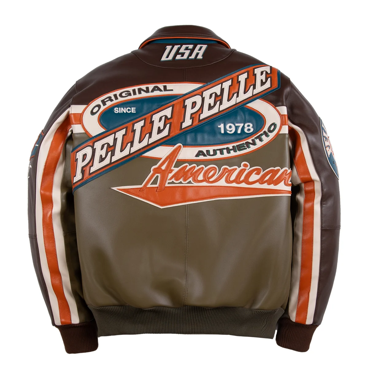 Back view of a brown and olive racing sport leather jacket with large Pelle Pelle lettering, orange and teal patches and striped sleeves.