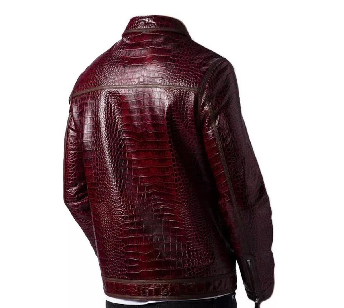 Back view of burgundy red crocodile textured genuine leather jacket on a white background, with a paneled back and contrast edging.