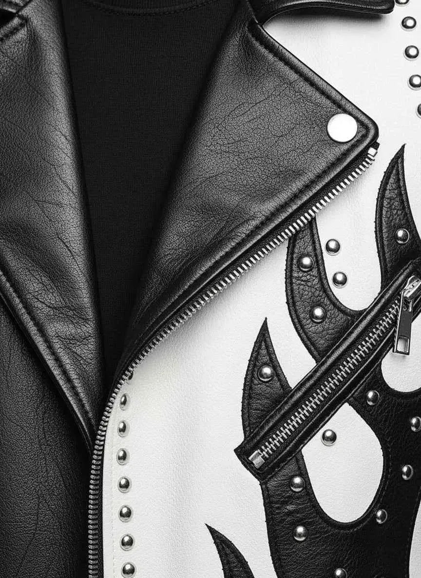 Men's Handmade Two Tone Studded White Leather Biker Jacket