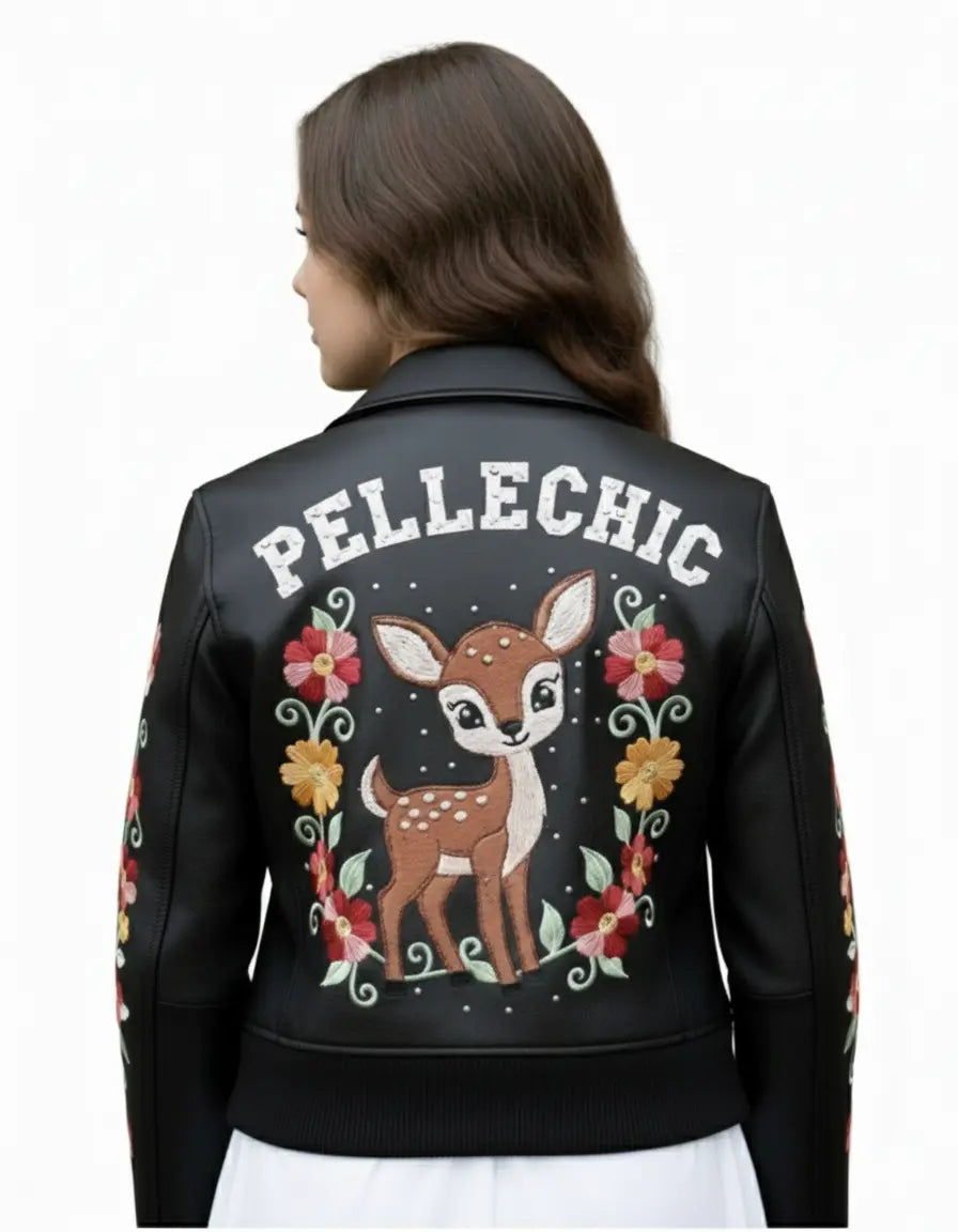 Deer Garden Hand-Embroidered Floral Leather Bomber, front view