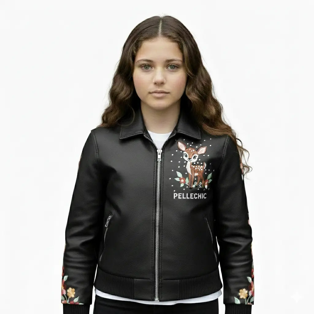 Deer Garden Hand-Embroidered Floral Leather Bomber, back view