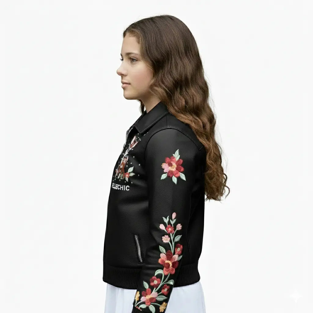 Deer Garden Hand-Embroidered Floral Leather Bomber, side view