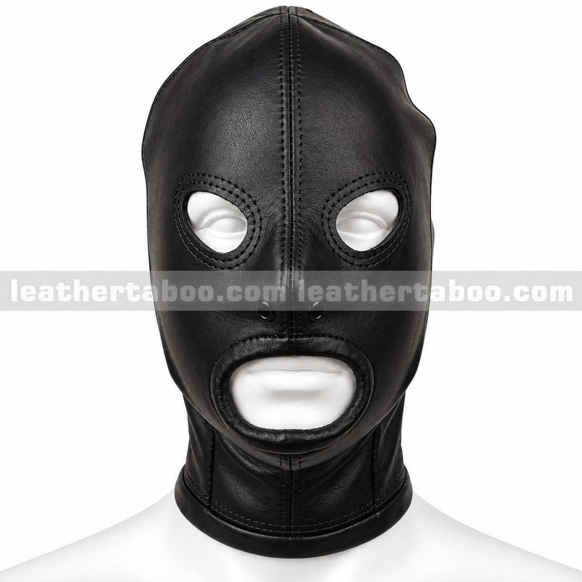 Front view of a black genuine leather open-face hood mask with reinforced eye and mouth openings and small nose grommets.