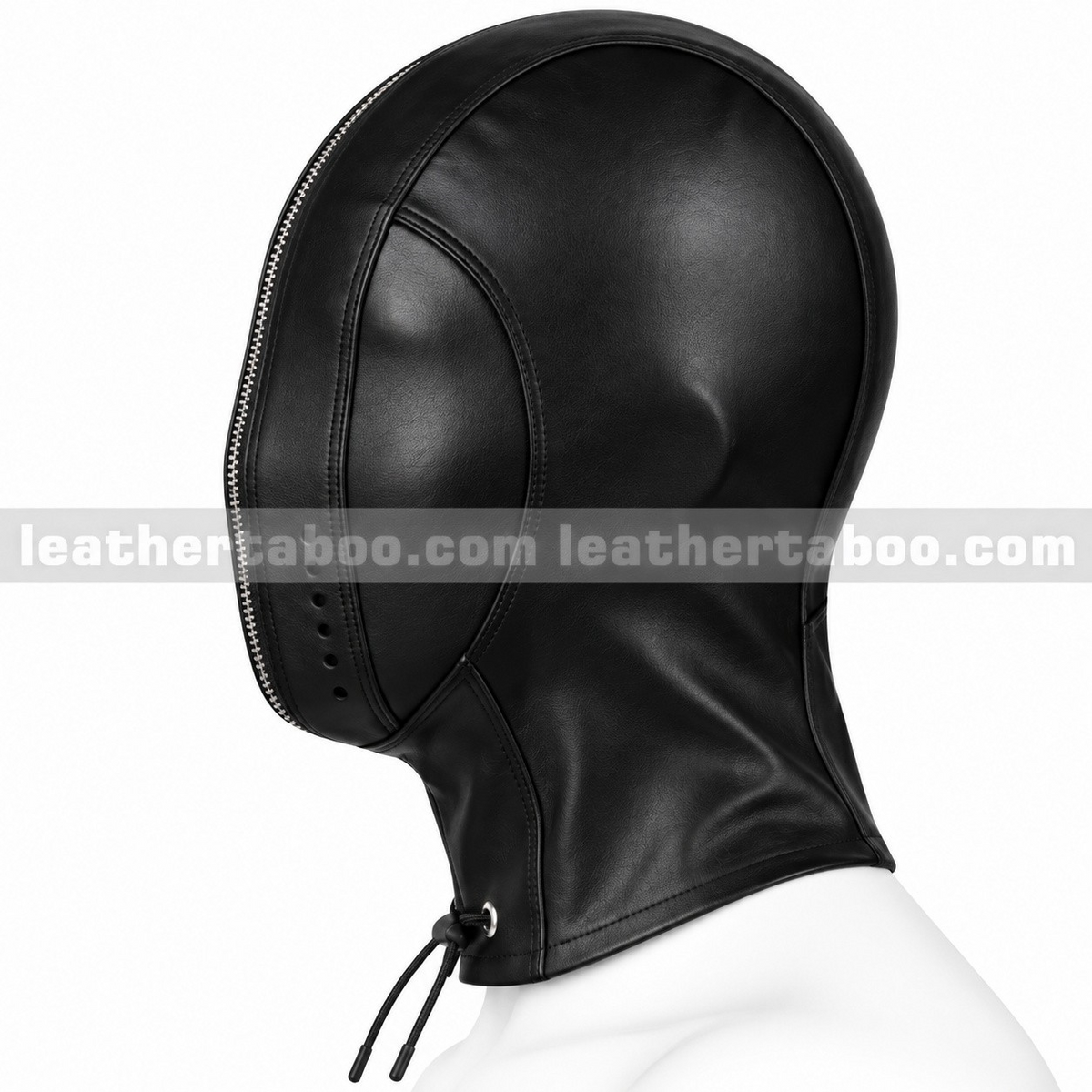 Side profile of a black genuine leather hood mask showing the front zipper track and lace-up neck.
