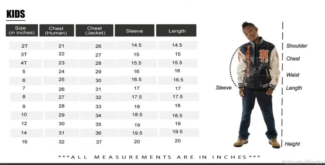 Size chart for 1978 Black Vintage Leather Jacket (XS to 8XL)