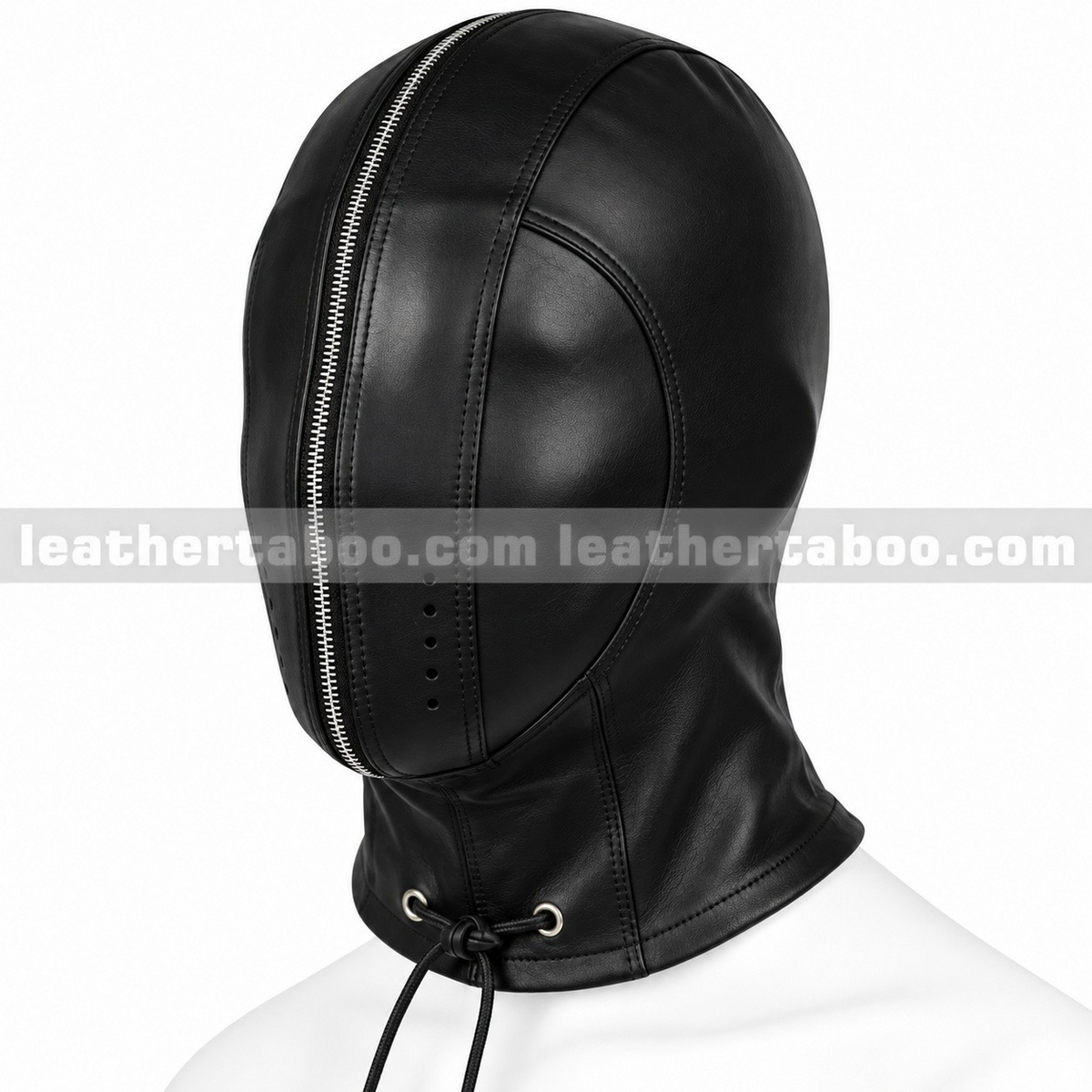 Angled view of a black genuine leather hood mask with a front zipper and adjustable lace-up neck.