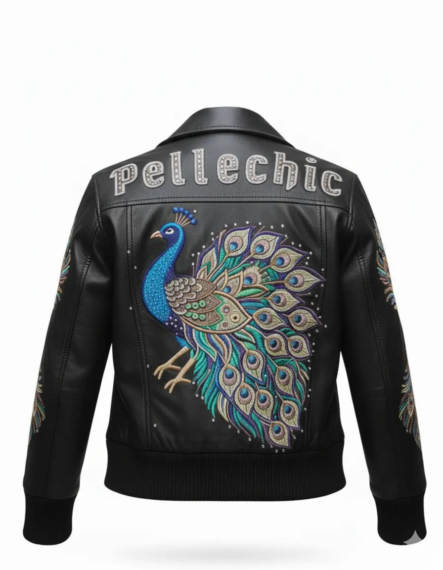 Majestic Peacock Luxury Leather Bomber Jacket, side view
