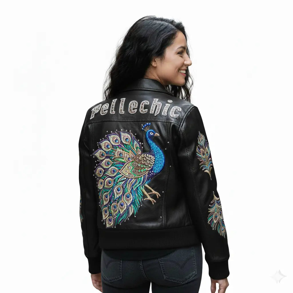 Majestic Peacock Luxury Leather Bomber Jacket, front view