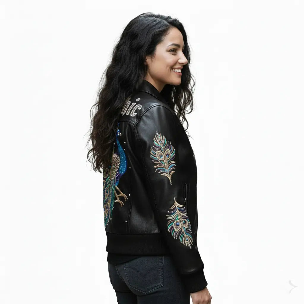 Majestic Peacock Luxury Leather Bomber Jacket, detail view 2