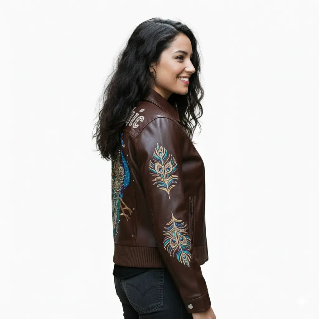 Majestic Peacock Luxury Leather Bomber, front view