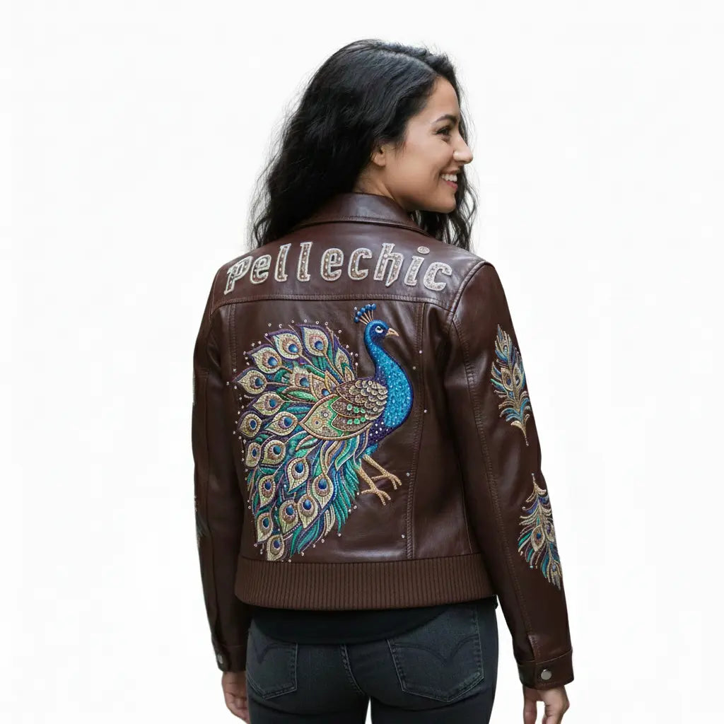 Majestic Peacock Luxury Leather Bomber, back view