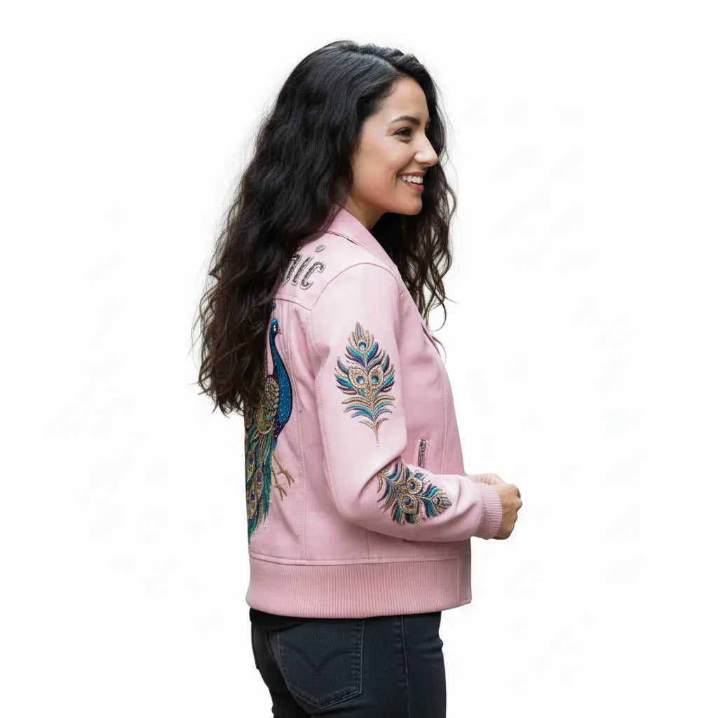 Majestic Peacock Luxury Leather Bomber, back view