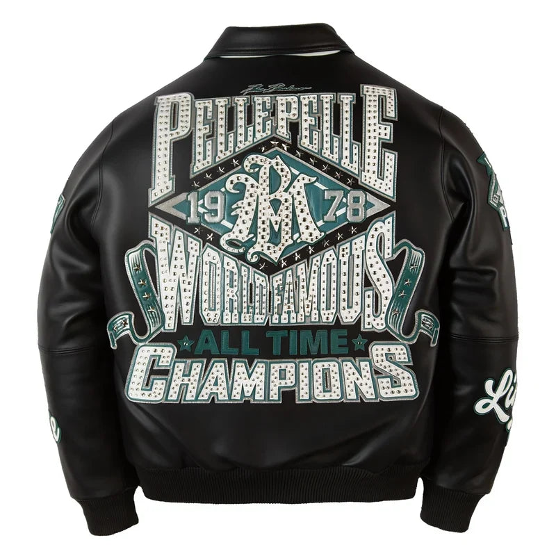 Back view of black Pelle Pelle All Time Champions Jacket with green and white lettering, 1978 graphics and reflective star details.
