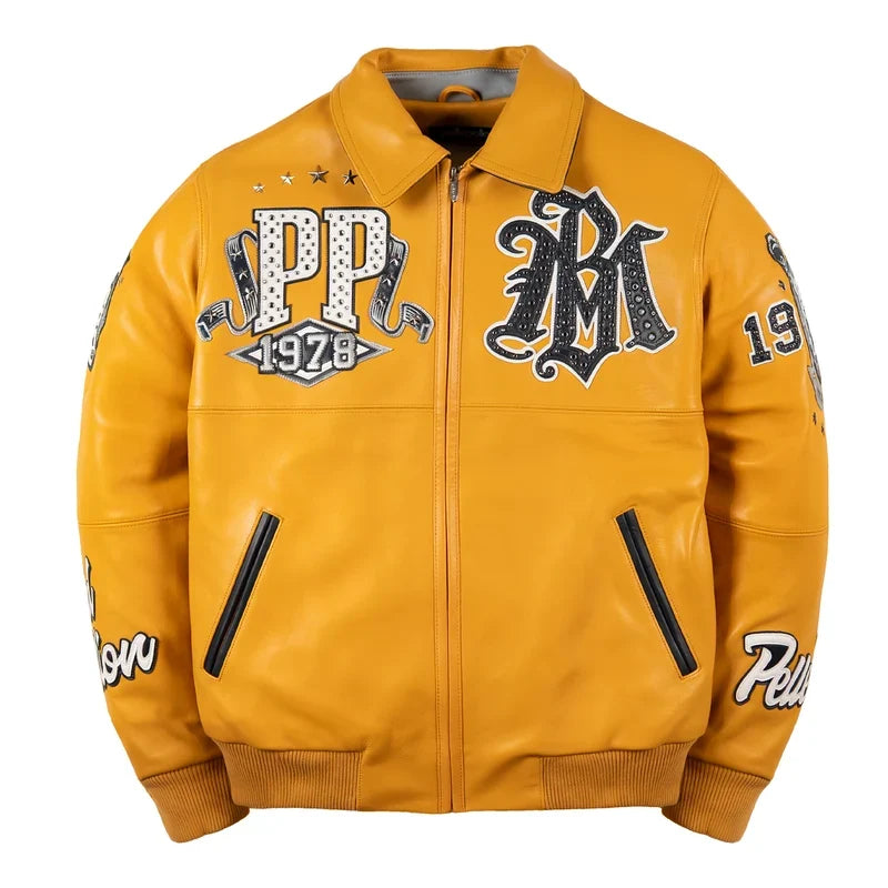 Front view of maize Pelle Pelle All Time Champions Jacket with white PP chest lettering, dark monogram artwork and angled pockets.