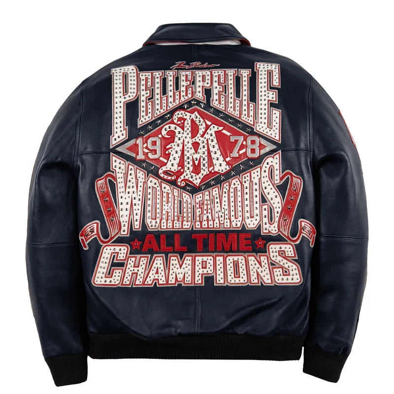 Back of navy Pelle Pelle All Time Champions Jacket with large white and red lettering, 1978 graphics, star studs and black ribbed hem.