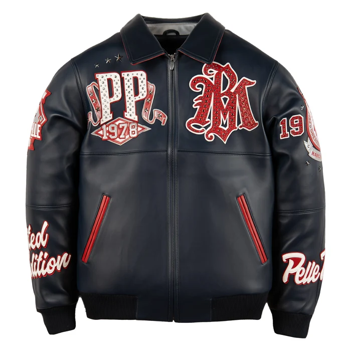 Front view of navy Pelle Pelle All Time Champions Jacket with red and white chest patches, a full zipper and red-trimmed pockets.