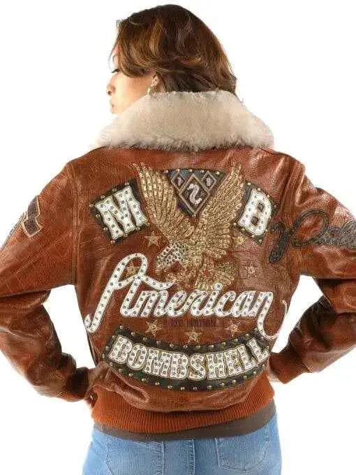 Women's Fur Collar Brown Leather Jacket, collar detail