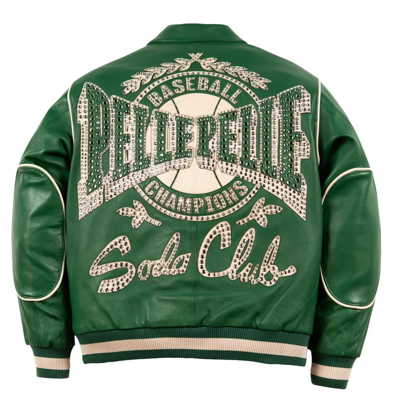 Back view of jet green Pelle Pelle Champions leather jacket with oversized ivory studded artwork, basketball emblem and Soda Club script.