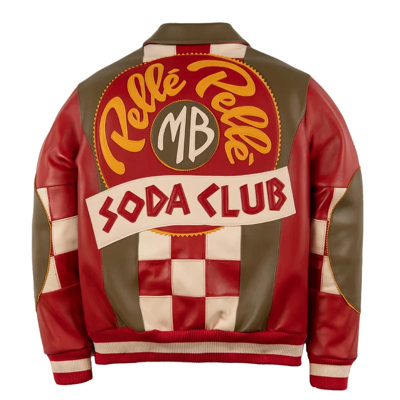 Back view of olive and cabernet Pelle Pelle Soda Club leather jacket featuring oversized appliqué artwork and checkerboard panels.