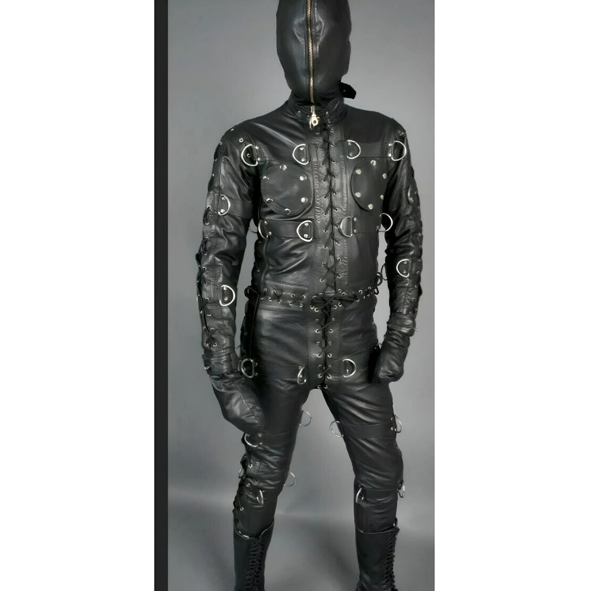 Men’s Black Cow Leather Full Body Bondage Jumpsuit Cell Suit Zip-Up Coverall – Premium Handmade Leather Outfit