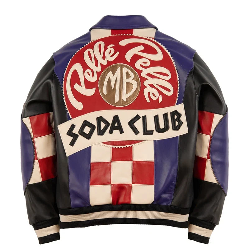 Back view of purple black genuine plush leather jacket with red ivory contrast paneling, oversized leather applique and ribbed hem.