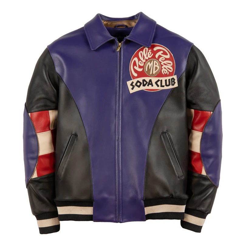 Front view of purple black genuine plush leather jacket with contrast panels, striped rib trim, zip closure and applique artwork.