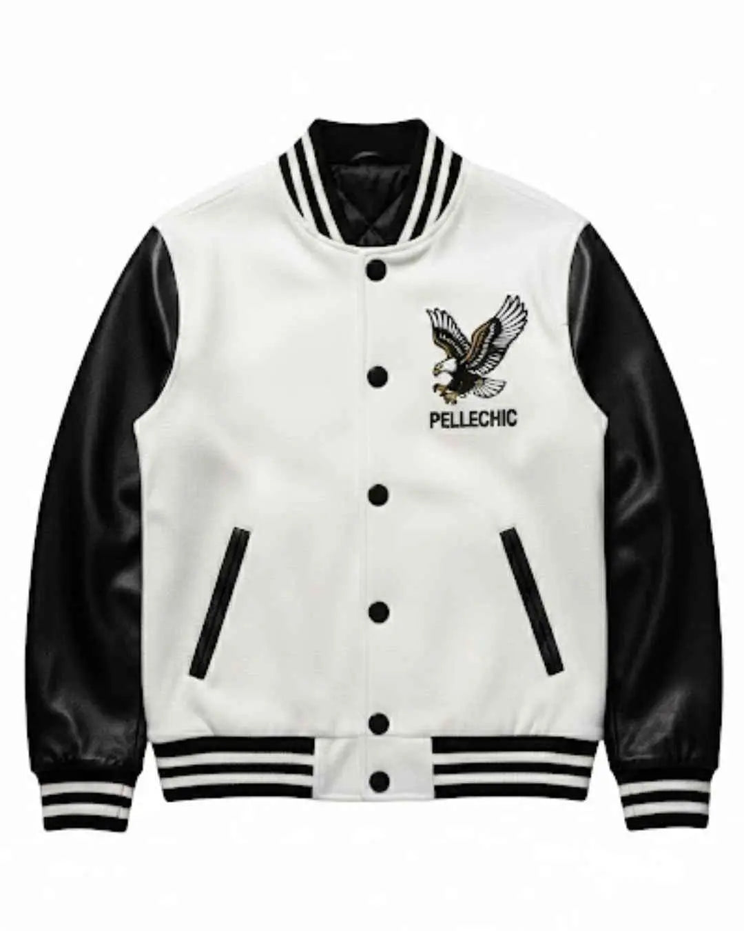 Elite Black & White Varsity Jacket with Eagle Patch, patch detail 3