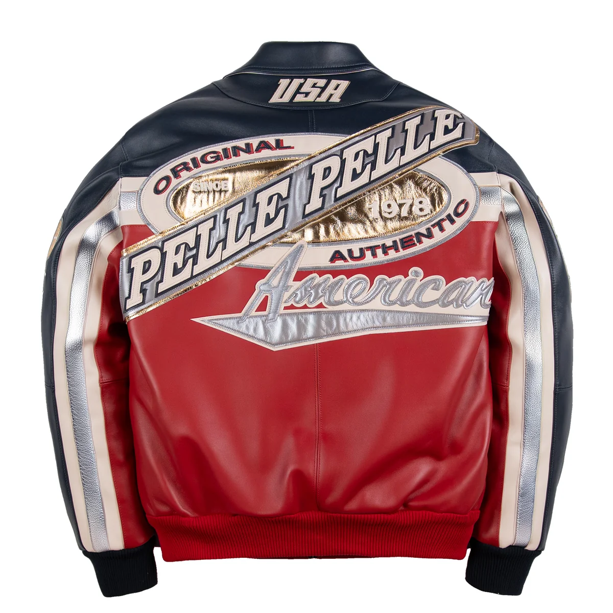 Back view of a red and black leather sport jacket with oversized Pelle Pelle lettering, metallic gold panel and silver American script.