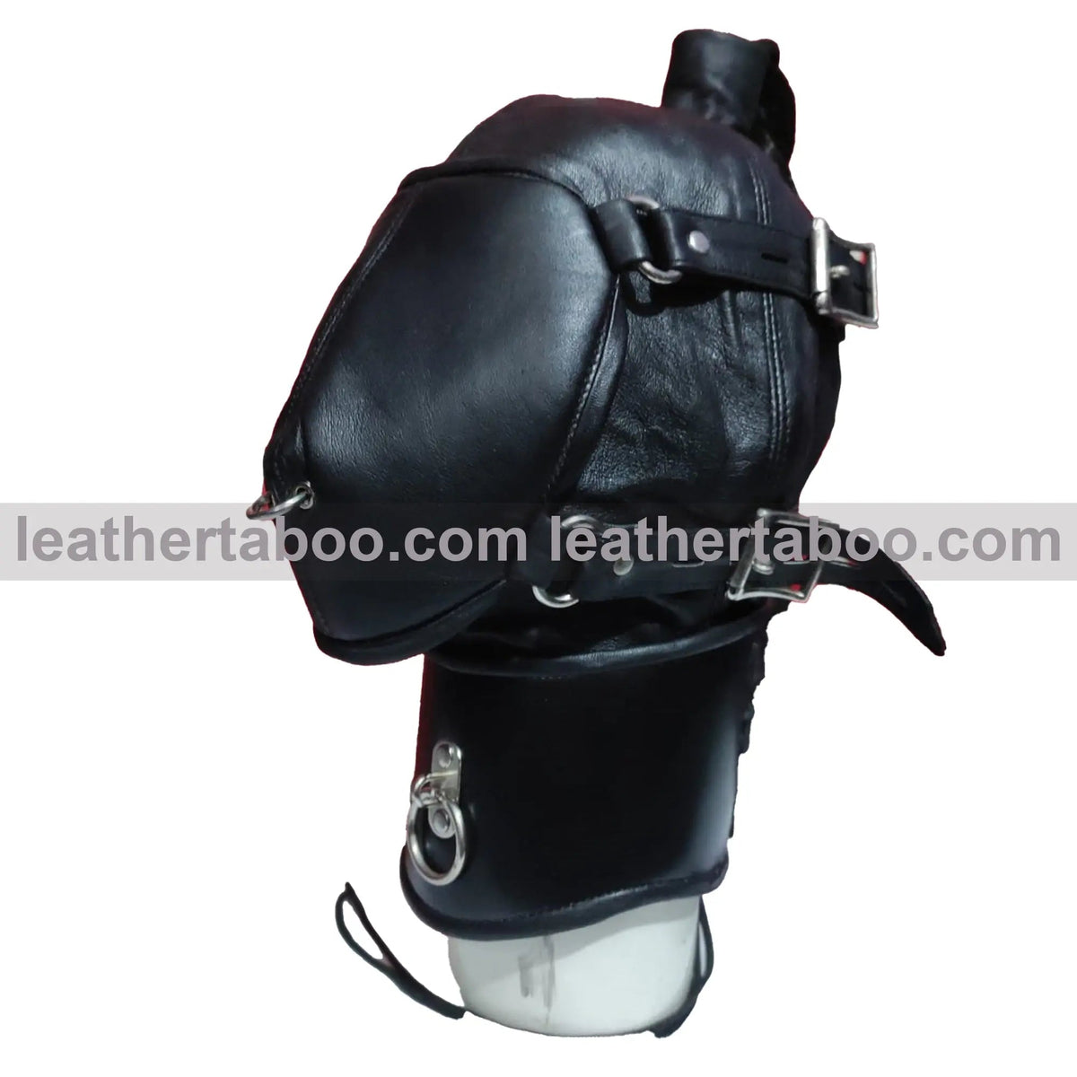Genuine Leather Gothic Ponytail Hood Mask with Buckle Muzzle And Adjustable Collar - Leather taboo