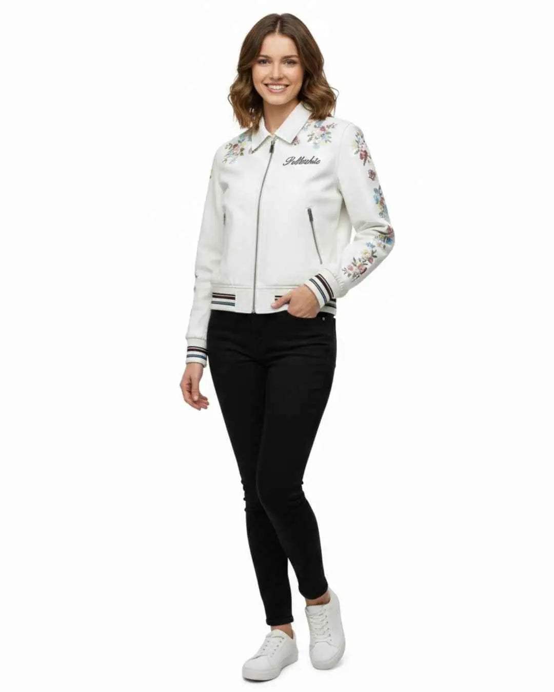 Pristine White Luxury Leather Bomber, side view