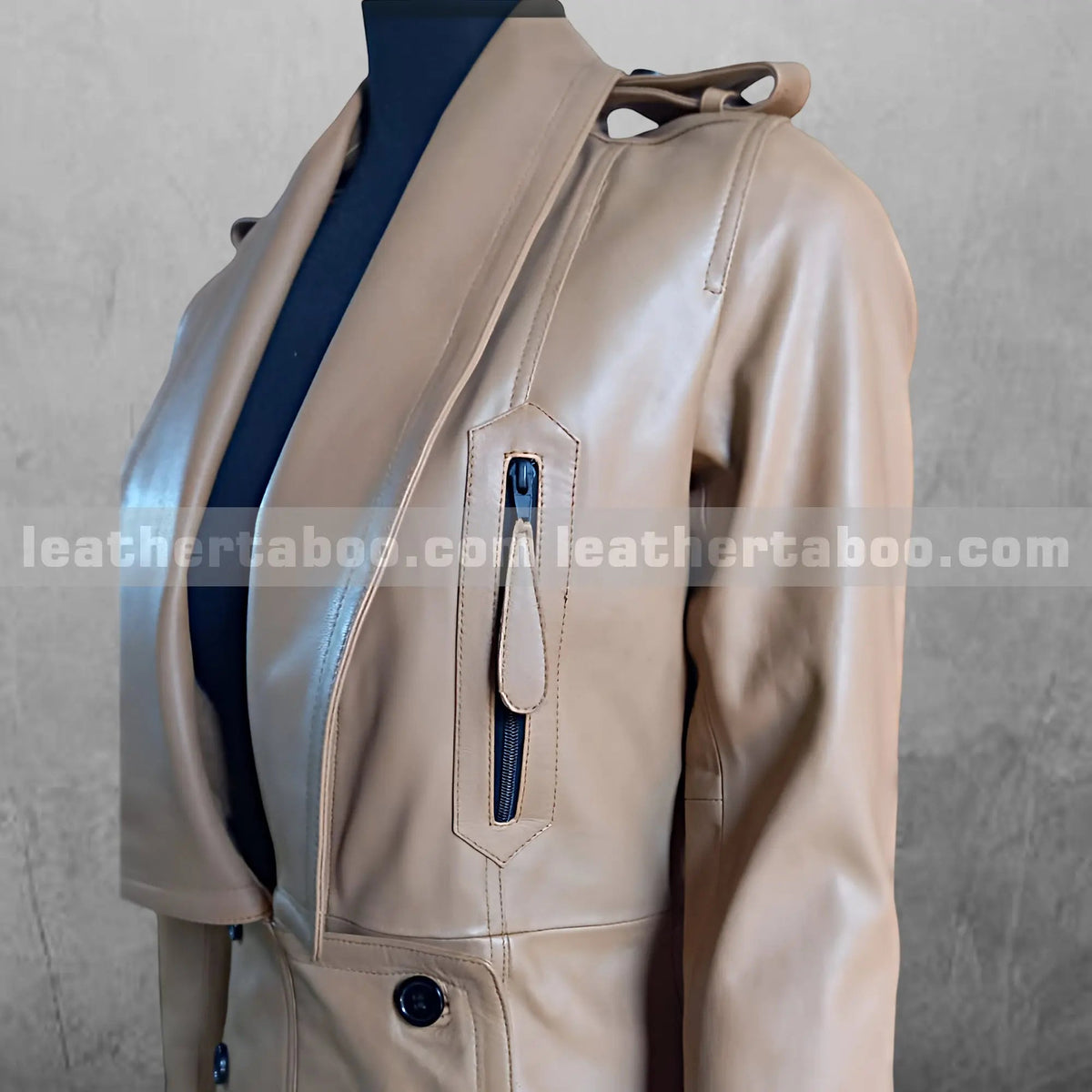 Tan Leather Double-Breasted Jacket, zipper detail 4