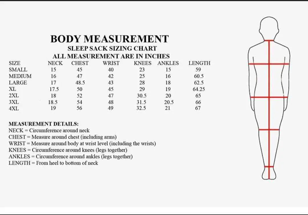 Leather sleep sack size chart showing body measurement points